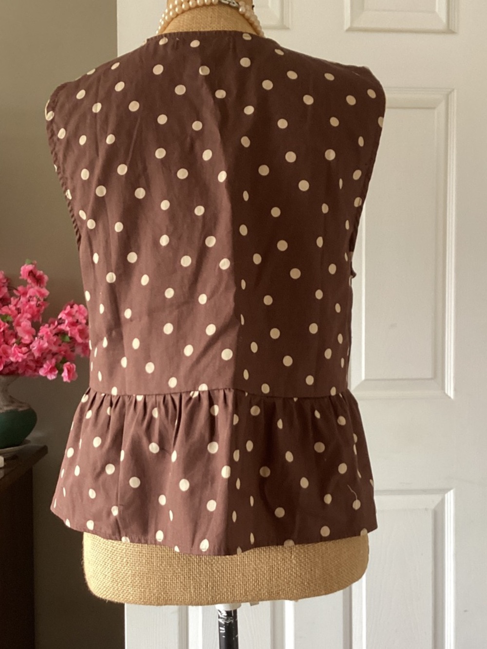 Polka Dot Tie-Front Sleeveless Top - Brown/Beige - Picture 3 of 6
